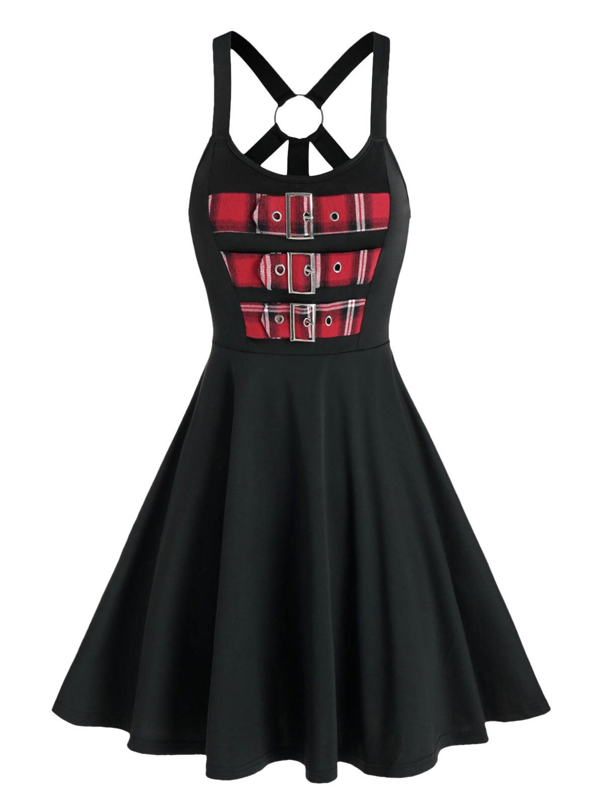 Gothic Punk Vintage Dress Plus Size Colorblock Plaid Buckles Back O Ring Flare Dress Sleeveless Casual Mini Dress Vestido - Image 5