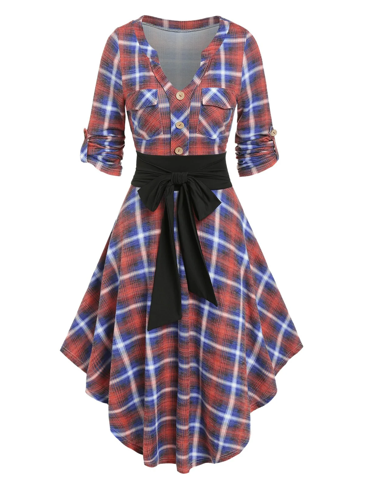 Plaid Buttons Bow Shirt Dress New - Image 4