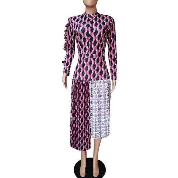 Women Asymmetric Pleated Print Shirt Dress Long Sleeve O Neck Single Breasted Office Lady Dress - Takalr