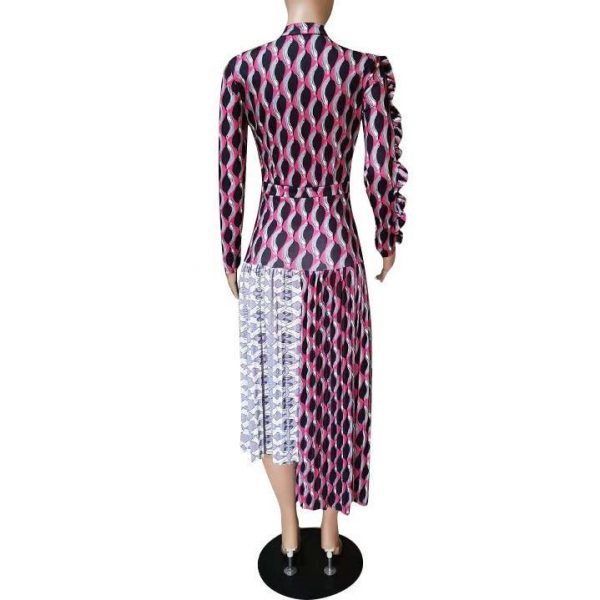 Women Asymmetric Pleated Print Shirt Dress Long Sleeve O Neck Single Breasted Office Lady Dress - Takalr