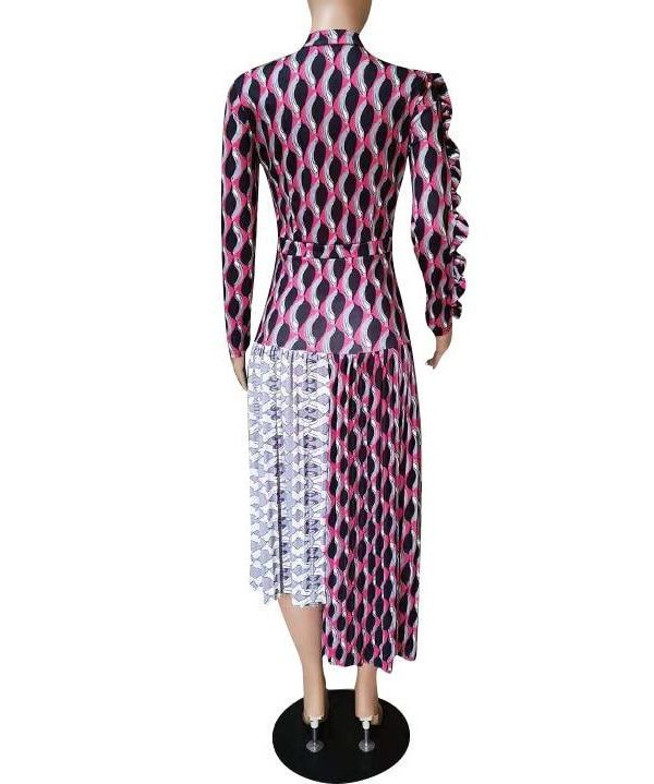 Women Asymmetric Pleated Print Shirt Dress Long Sleeve O Neck Single Breasted Office Lady Dress - Takalr