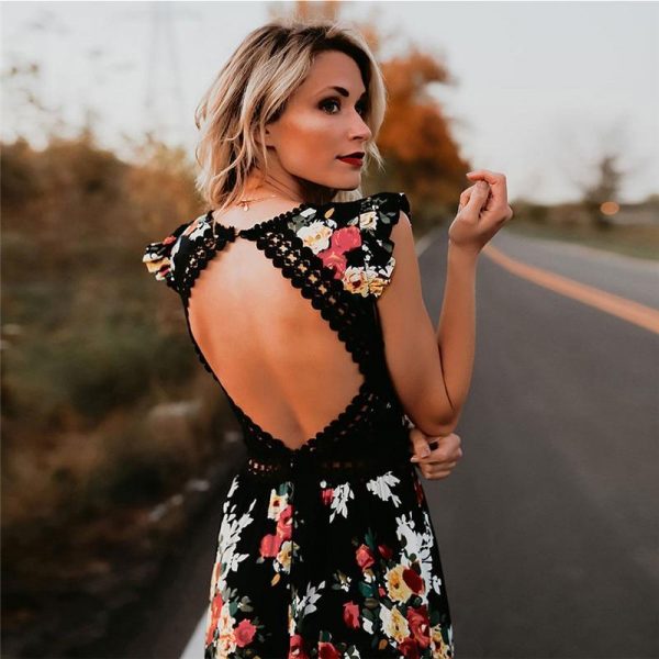 Women Boho Backless Irregular Floral Pinted Dress Summer Deep V Trim Long Maxi Dresses Open Back Party Bohemian Vestidos - Takalr