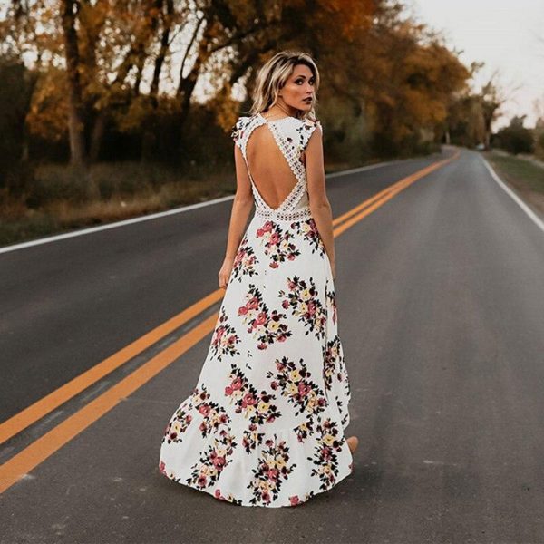 Women Boho Backless Irregular Floral Pinted Dress Summer Deep V Trim Long Maxi Dresses Open Back Party Bohemian Vestidos - Takalr