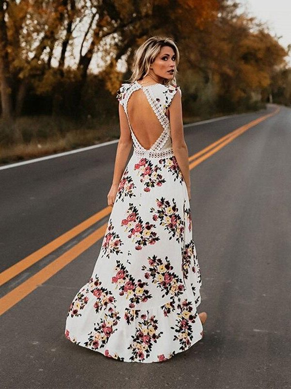 Women Boho Backless Irregular Floral Pinted Dress Summer Deep V Trim Long Maxi Dresses Open Back Party Bohemian Vestidos - Takalr