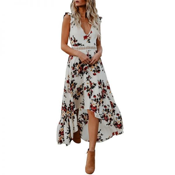 Women Boho Backless Irregular Floral Pinted Dress Summer Deep V Trim Long Maxi Dresses Open Back Party Bohemian Vestidos - Takalr