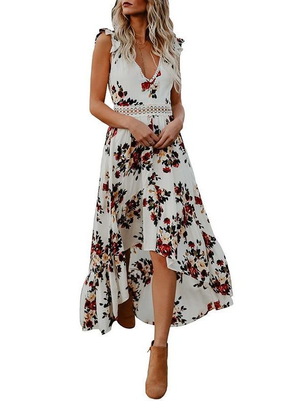 Women Boho Backless Irregular Floral Pinted Dress Summer Deep V Trim Long Maxi Dresses Open Back Party Bohemian Vestidos - Takalr