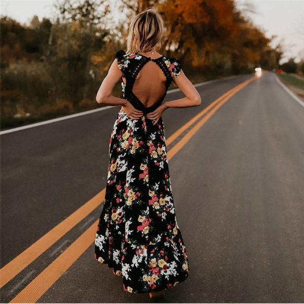 Women Boho Backless Irregular Floral Pinted Dress Summer Deep V Trim Long Maxi Dresses Open Back Party Bohemian Vestidos - Takalr