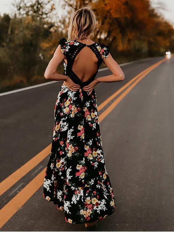 Women Boho Backless Irregular Floral Pinted Dress Summer Deep V Trim Long Maxi Dresses Open Back Party Bohemian Vestidos - Takalr