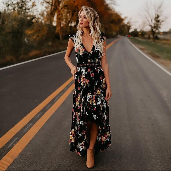 Women Boho Backless Irregular Floral Pinted Dress Summer Deep V Trim Long Maxi Dresses Open Back Party Bohemian Vestidos - Takalr