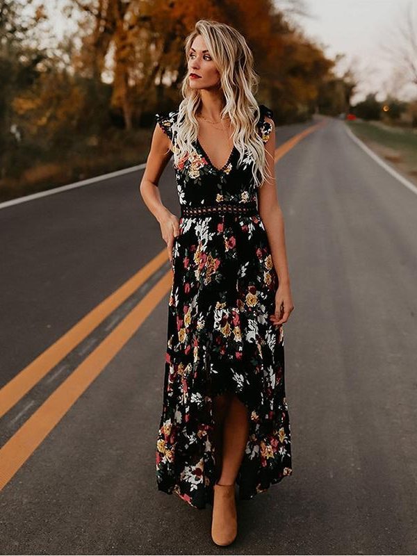 Women Boho Backless Irregular Floral Pinted Dress Summer Deep V Trim Long Maxi Dresses Open Back Party Bohemian Vestidos - Takalr