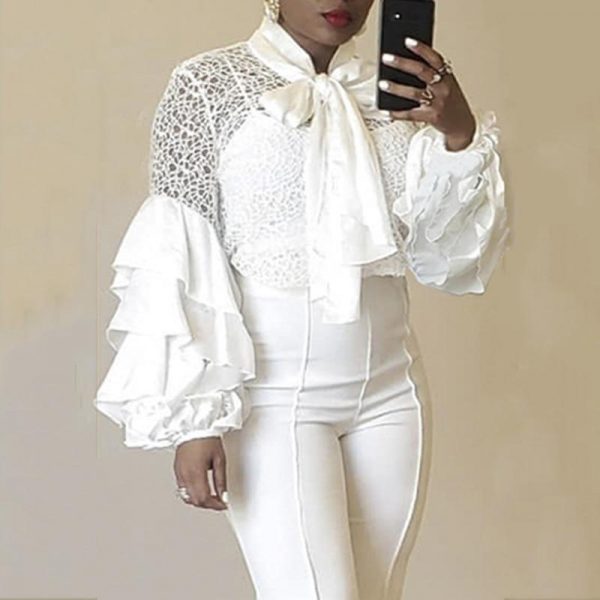 Women Bow Tied Neck Chiffon Blouse Shirt Elegant Layered Ruffles Long Sleeve Shirt Office Ladies White Lace Patchwork Blusa XXL - Takalr