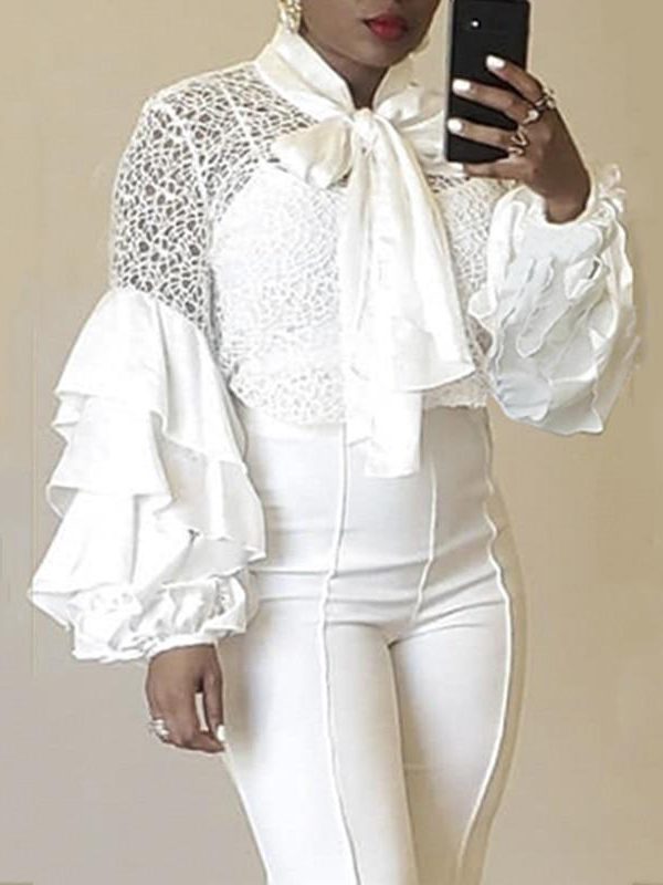 Women Bow Tied Neck Chiffon Blouse Shirt Elegant Layered Ruffles Long Sleeve Shirt Office Ladies White Lace Patchwork Blusa XXL - Takalr