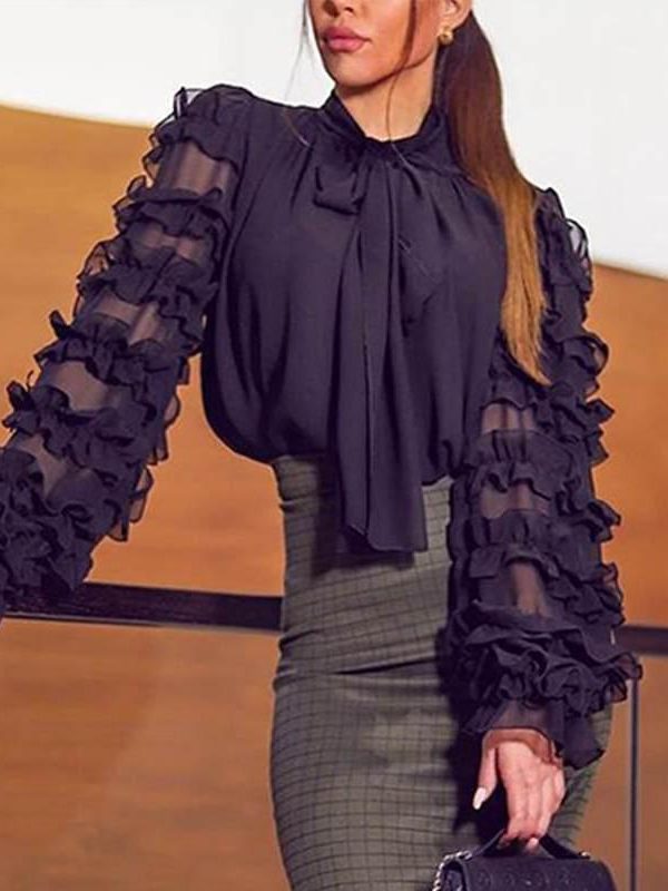 Women Bow Tied Neck Long Sleeve Blouse Shirt Mesh Chic Workwear Elegant Office Ladies Blouse Black Tops Streetwear Blusa - Takalr