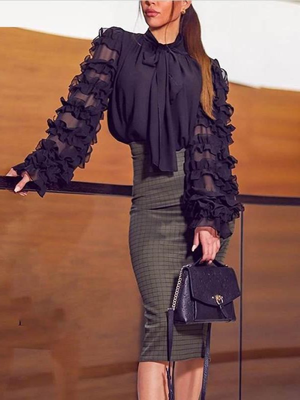 Women Bow Tied Neck Long Sleeve Blouse Shirt Mesh Chic Workwear Elegant Office Ladies Blouse Black Tops Streetwear Blusa - Takalr