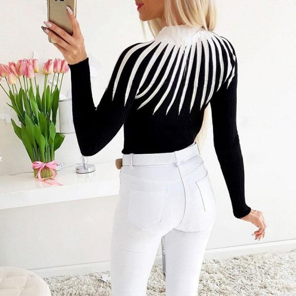 Women Casual Slim Striped Print Top Long Sleeve O Neck Sewater Knitted Pulovers Patchwork Top - Takalr