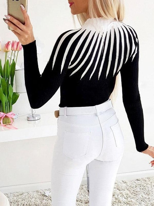 Women Casual Slim Striped Print Top Long Sleeve O Neck Sewater Knitted Pulovers Patchwork Top - Takalr