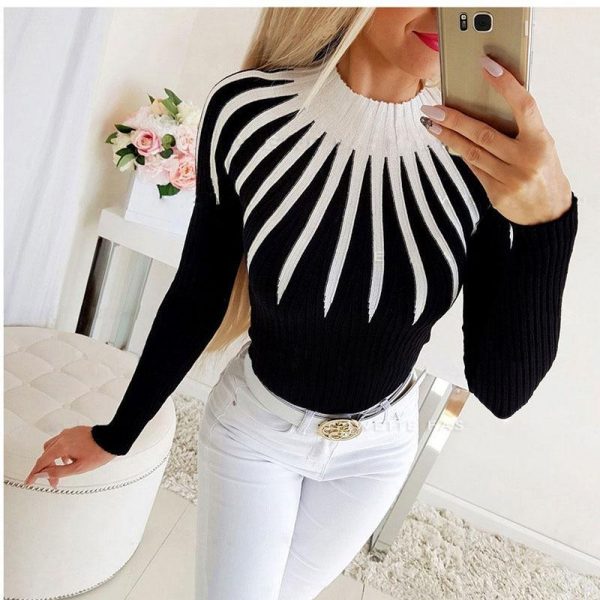 Women Casual Slim Striped Print Top Long Sleeve O Neck Sewater Knitted Pulovers Patchwork Top - Takalr