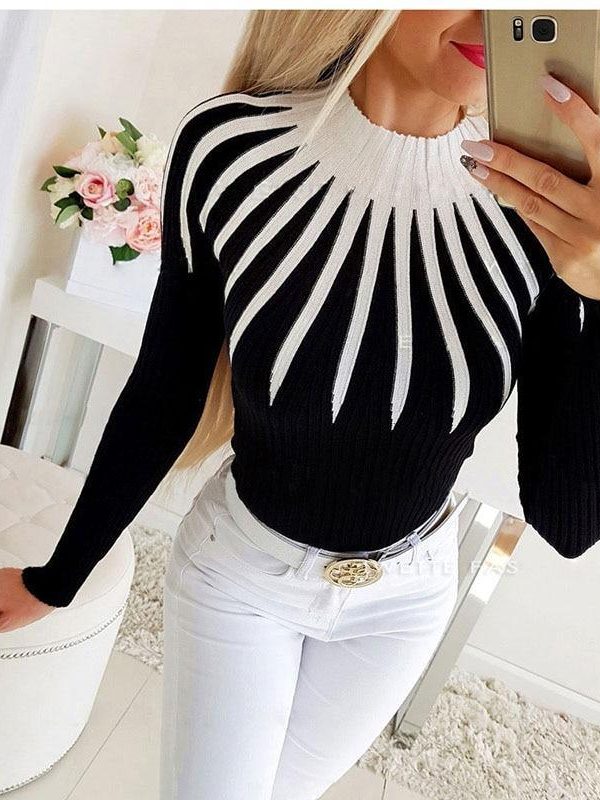 Women Casual Slim Striped Print Top Long Sleeve O Neck Sewater Knitted Pulovers Patchwork Top - Takalr