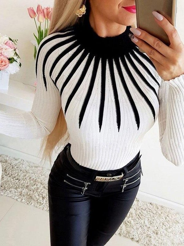 Women Casual Slim Striped Print Top Long Sleeve O Neck Sewater Knitted Pulovers Patchwork Top - Takalr