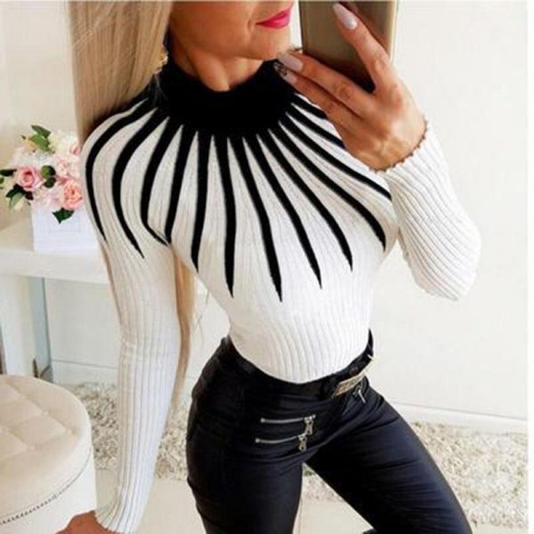 Women Casual Slim Striped Print Top Long Sleeve O Neck Sewater Knitted Pulovers Patchwork Top - Takalr