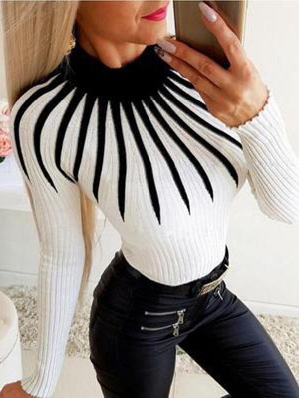 Women Casual Slim Striped Print Top Long Sleeve O Neck Sewater Knitted Pulovers Patchwork Top - Takalr