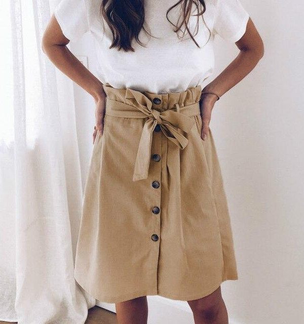 Women Clothes Summer Sexy High Waist Tunic Lace Up Bandage Midi A Line Skirt Button Skirts Womens Casual Slim Fashion Streetwear - Takalr