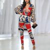 Women Colorblock Print Lantern Sleeve Jumpsuit Skinny Long Sleeve Plunge V-neck Street Wear Fashion Jumpsuits Overalls for Woman - Takalr