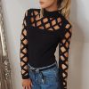 Women Cut Out Long Sleeve T Shirt Autumn Solid Mock Neck Lace-up Sleeve Black Tshirt Tops Streetwear Slim Fit Blusas Mujer - Takalr