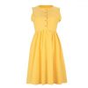 Women Dress Ruffled A Line Dress Sexy Sleeveless Button Yellow Solid Color Round Neck Sexy Dress Summer - Takalr