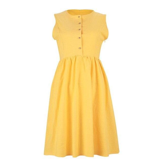 Women Dress Ruffled A Line Dress Sexy Sleeveless Button Yellow Solid Color Round Neck Sexy Dress Summer - Takalr