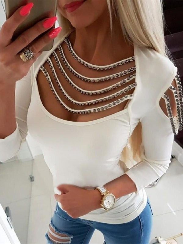 Women Elegant White Stylish Shirt Female Low Cut Casual Top Cold Shoulder Tassels Studded Long Sleeve T Shirt Blusas Mujer - Takalr