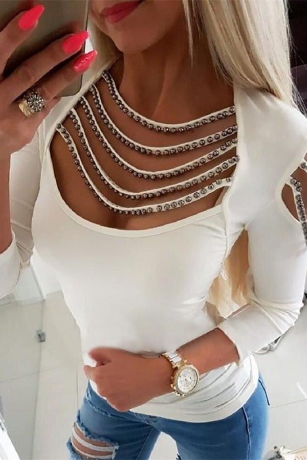 Women Elegant White Stylish Shirt Female Low Cut Casual Top Cold Shoulder Tassels Studded Long Sleeve T Shirt Blusas Mujer - Takalr