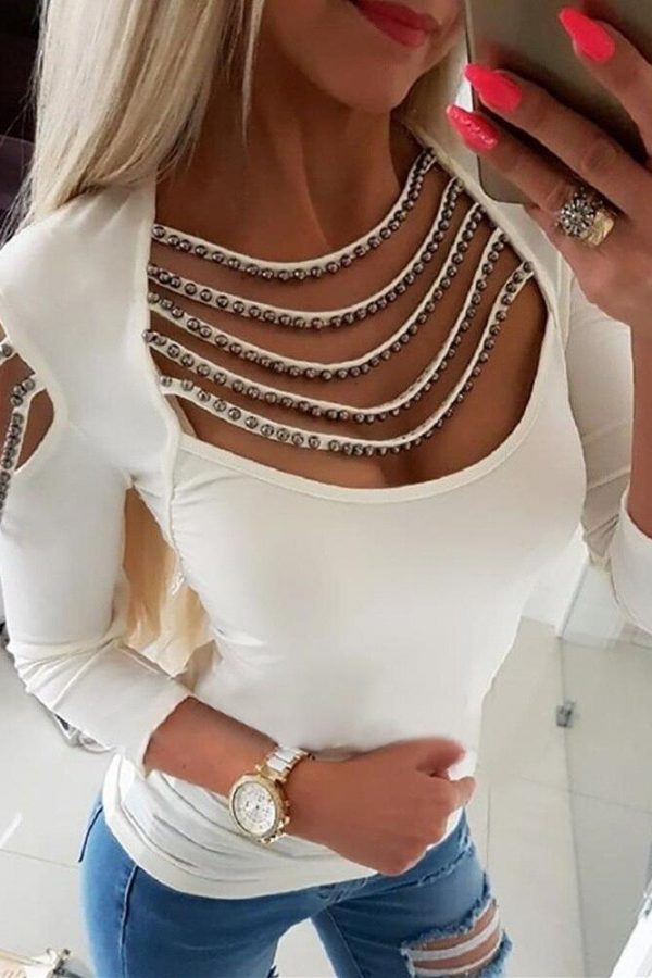 Women Elegant White Stylish Shirt Female Low Cut Casual Top Cold Shoulder Tassels Studded Long Sleeve T Shirt Blusas Mujer - Takalr