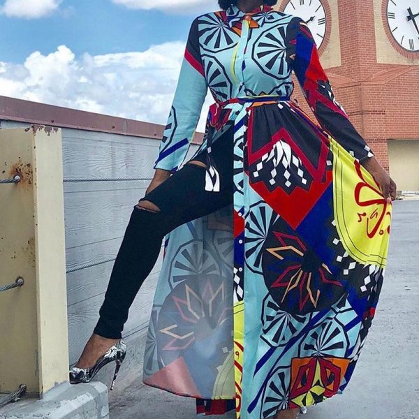 Women Ethnic Print Swing Maxi Shirt Dress with Pocket Women Belt Long Sleeve Turn Down Collar Print Floor-length Dress - Takalr