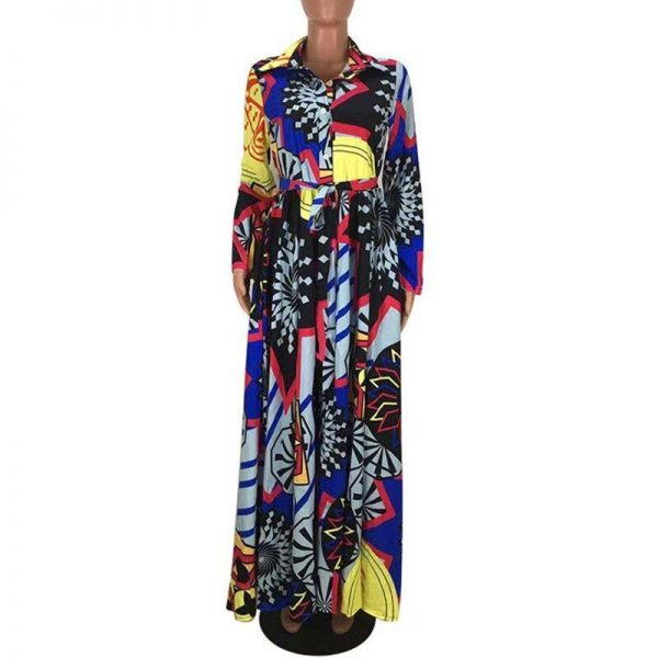 Women Ethnic Print Swing Maxi Shirt Dress with Pocket Women Belt Long Sleeve Turn Down Collar Print Floor-length Dress - Takalr