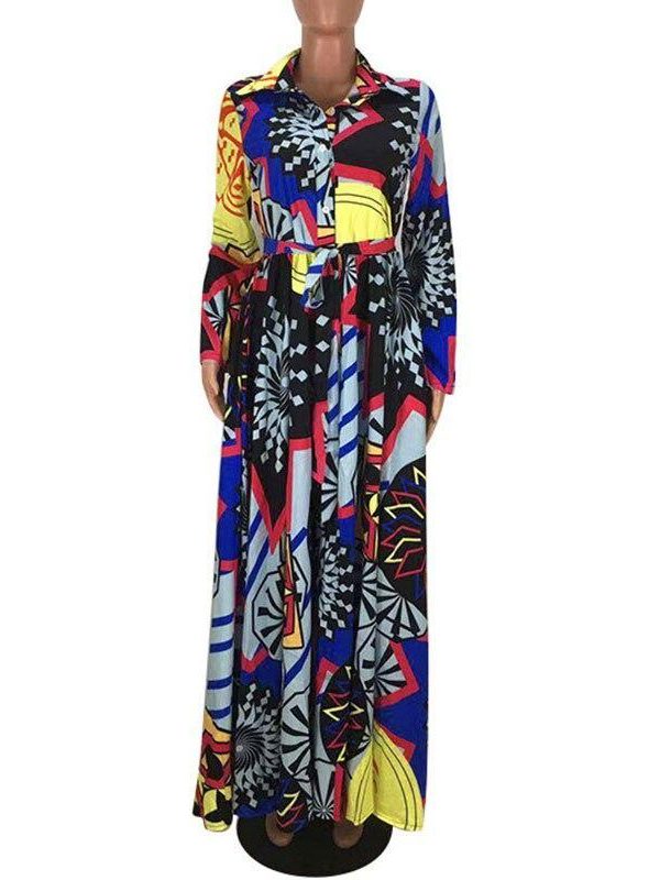 Women Ethnic Print Swing Maxi Shirt Dress with Pocket Women Belt Long Sleeve Turn Down Collar Print Floor-length Dress - Takalr