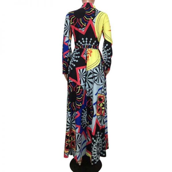 Women Ethnic Print Swing Maxi Shirt Dress with Pocket Women Belt Long Sleeve Turn Down Collar Print Floor-length Dress - Takalr