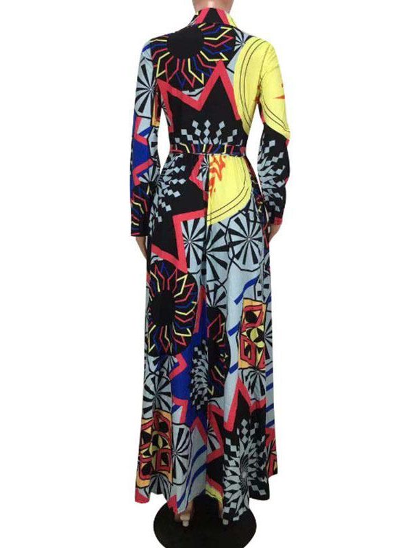 Women Ethnic Print Swing Maxi Shirt Dress with Pocket Women Belt Long Sleeve Turn Down Collar Print Floor-length Dress - Takalr