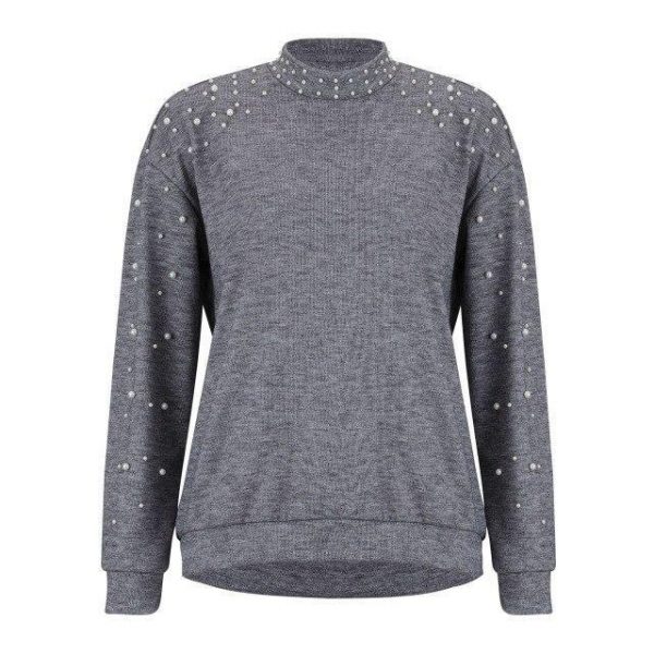 Women Fall Clothing Fashion Women Round Neck Sweatshirt for Women Solid Color Gray Beading Pullovers Casual Sweatshirts - Takalr