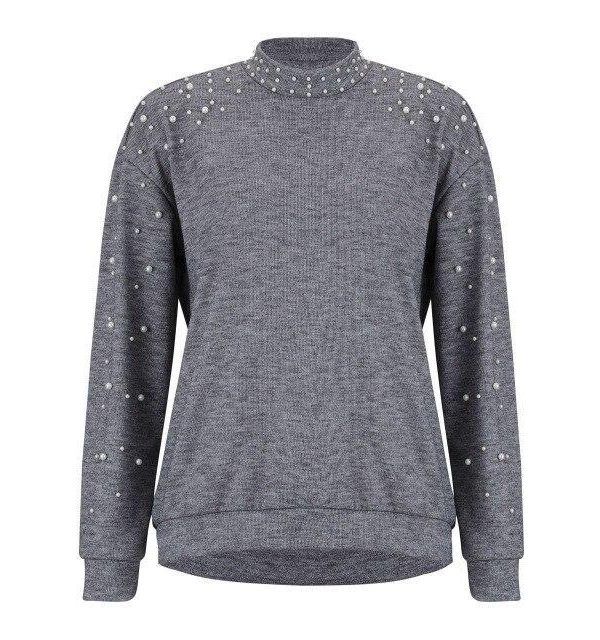 Women Fall Clothing Fashion Women Round Neck Sweatshirt for Women Solid Color Gray Beading Pullovers Casual Sweatshirts - Takalr