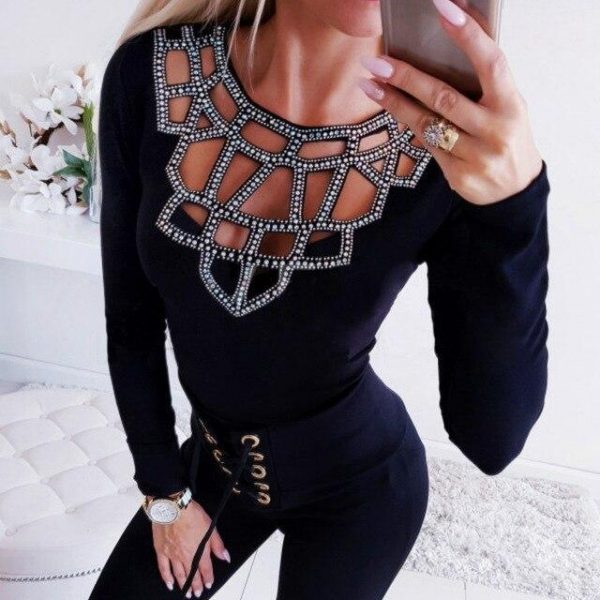 Women Fall Clothing Sexy Women Round Neck Hollow Out Beading Slim Long Sleeve Women Blouse Sexy Tops and Shirt - Takalr