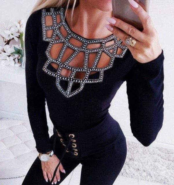 Women Fall Clothing Sexy Women Round Neck Hollow Out Beading Slim Long Sleeve Women Blouse Sexy Tops and Shirt - Takalr