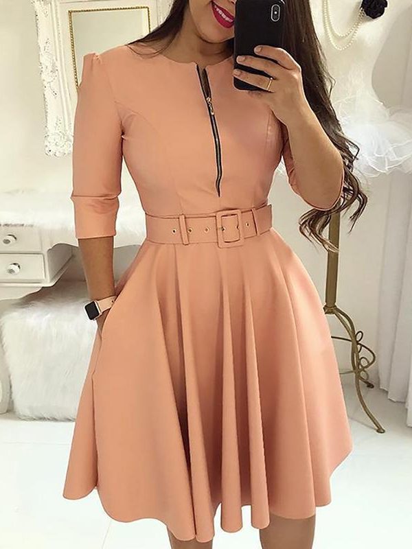 Women Fall Half Sleeve Elegant Tunic Party Dress Female O Neck Solid Zipper Belted Pleated Casual Office Dress Vestidos mujer - Takalr