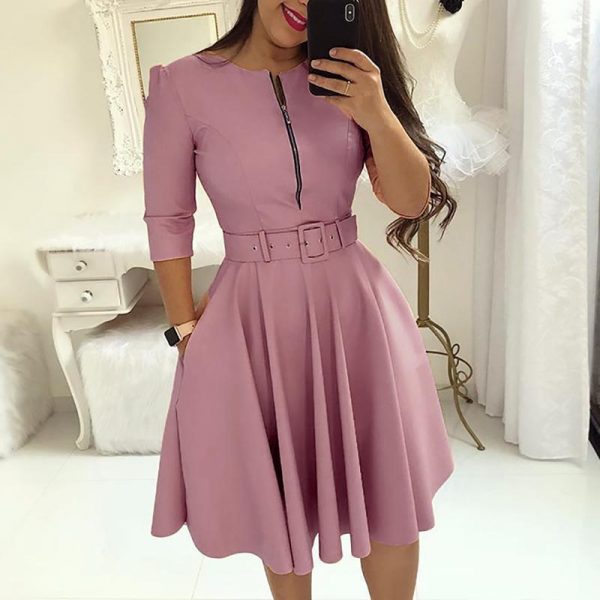 Women Fall Half Sleeve Elegant Tunic Party Dress Female O Neck Solid Zipper Belted Pleated Casual Office Dress Vestidos mujer - Takalr