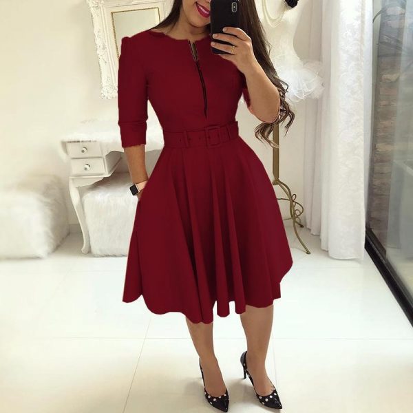 Women Fall Half Sleeve Elegant Tunic Party Dress Female O Neck Solid Zipper Belted Pleated Casual Office Dress Vestidos mujer - Takalr