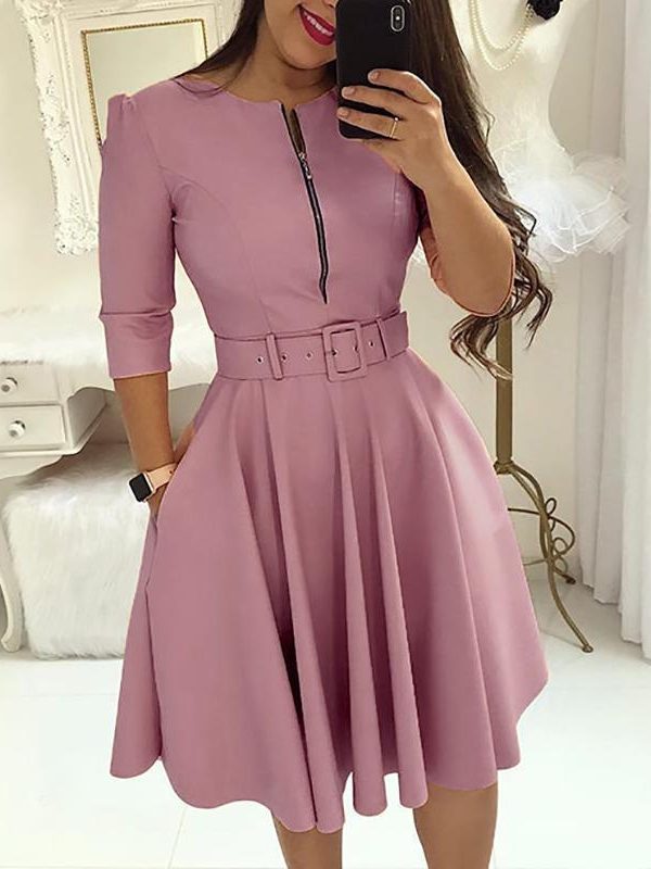 Women Fall Half Sleeve Elegant Tunic Party Dress Female O Neck Solid Zipper Belted Pleated Casual Office Dress Vestidos mujer - Takalr