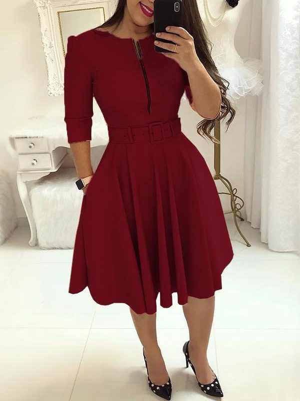 Women Fall Half Sleeve Elegant Tunic Party Dress Female O Neck Solid Zipper Belted Pleated Casual Office Dress Vestidos mujer - Takalr