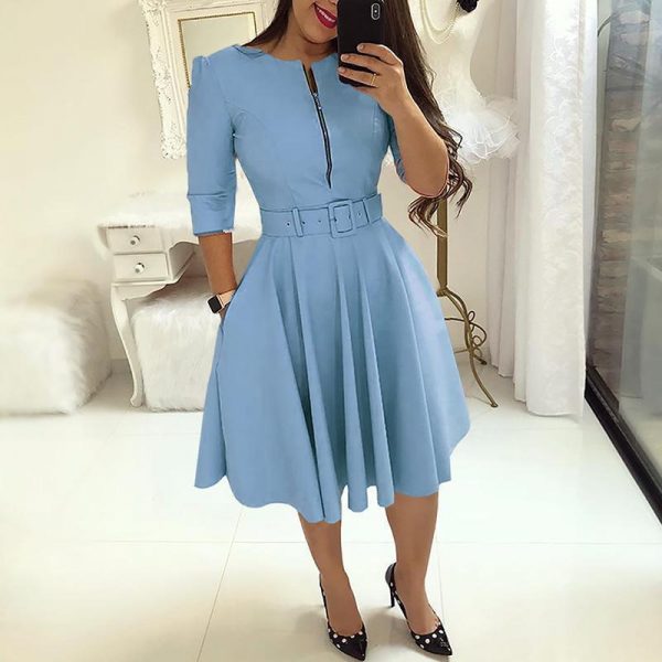 Women Fall Half Sleeve Elegant Tunic Party Dress Female O Neck Solid Zipper Belted Pleated Casual Office Dress Vestidos mujer - Takalr