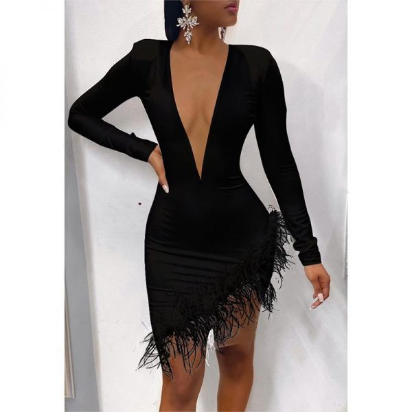 Women Faxu Feather Long Sleeve Dress Irregular Bodycon Mini Dress Sexy V Neck Black White Plunge Vestidos Party Dresses Winter - Takalr