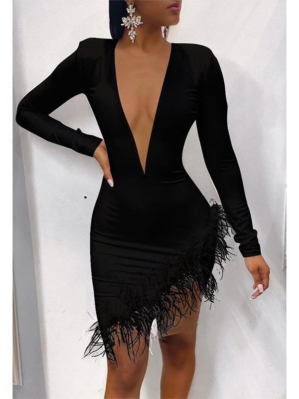 Women Faxu Feather Long Sleeve Dress Irregular Bodycon Mini Dress Sexy V Neck Black White Plunge Vestidos Party Dresses Winter - Takalr